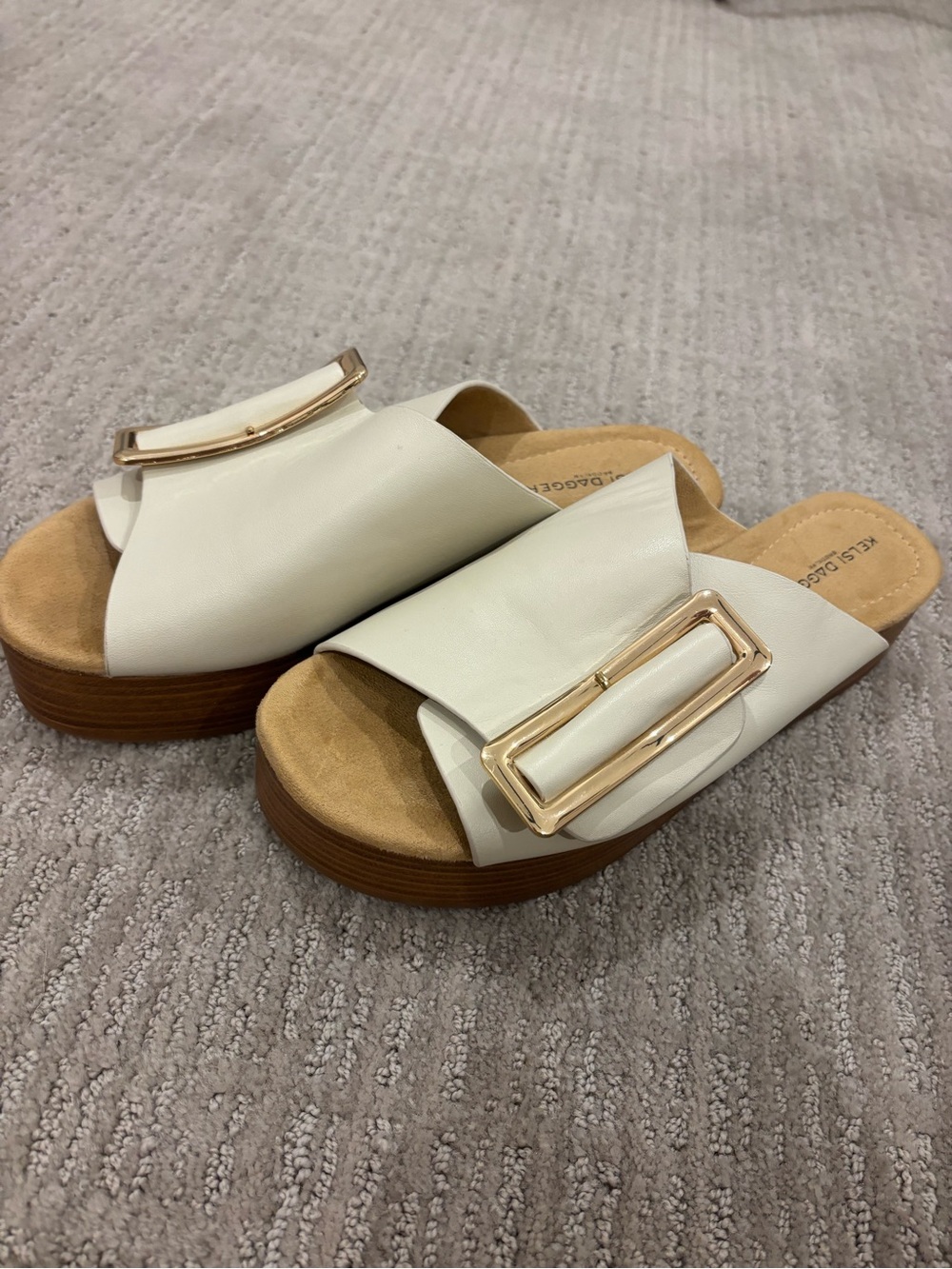Kelsi Dagger White Slide Sandals with Gold Buckle